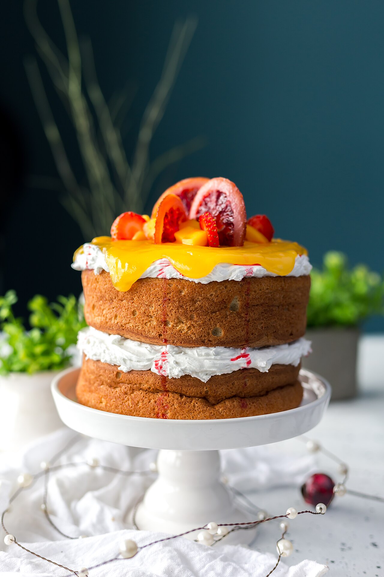 A layered cake, decorated